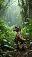 Dinosaur in lush jungle, sunlight filtering through trees. Prehistoric atmosphere with dense foliage.
