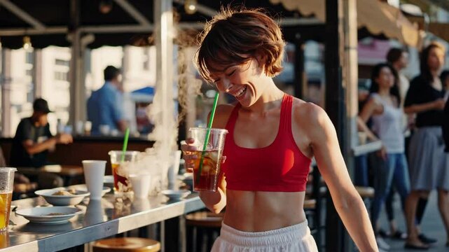 Streetside Serenity Woman Enjoying a Refreshing Drink