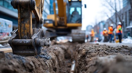 Excavator Digging Trench with Workers in Background on City Street