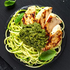 Spiralized Zucchini Noodles with Grilled Chicken and Pesto on Rustic Slate Board with Basil
