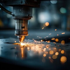 Industrial metal cutting machine in action.  Sparks fly as a laser cutter precisely carves a metal plate.  Focused close-up on the cutting head and the resultant sparks