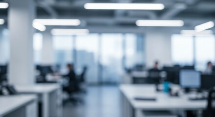 Fototapeta premium Serene workplace A modern office space with blurred figures and bright lighting