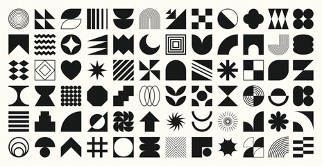 Set of abstract black and white geometric shapes vector. Collection of contemporary figure, flower, circle, sparkle, pixel, arrow, line. Design element perfect for banner, prints, stickers, decor.