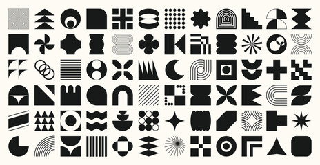 Fototapeta na wymiar Set of abstract black and white geometric shapes vector. Collection of contemporary figure, flower, circle, sparkle, pixel, line. Design element perfect for banner, prints, stickers, decor.