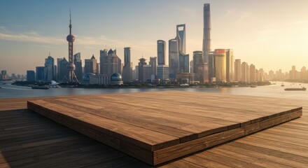 Obraz premium Shanghais skyline behind a wooden deck cityscape bathed in golden light