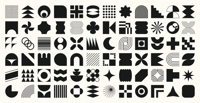 Set of abstract black and white geometric shapes vector. Collection of contemporary figure, flower, circle, sparkle, pixel, line. Design element perfect for banner, prints, stickers, decor.