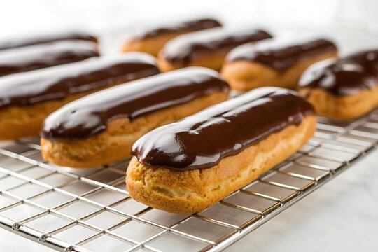 Freshly baked chocolate eclairs cooling on a wire rack are a classic French pastry dessert.