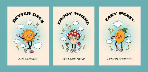 Positive groovy interior poster set with clouds and stars. Funky comic psychedelic card collection with mushroom, sun, lemon, characters. 60s, 70s, 80s hippie vector illustrations.