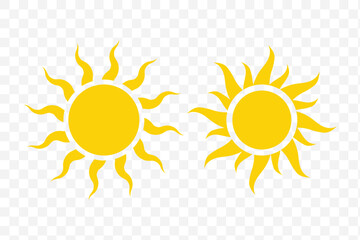 Yellow sun icon set, sunshine and solar glow, sunrise or sunset. Decorative circle full and half sun and sunlight. Hot solar energy for tan. Vector sign. EPS 10