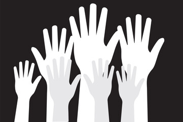  hands raised up. The concept of friendship, peace, equality, racial diversity, inclusivity. Teamwork concept. Vector clipart.