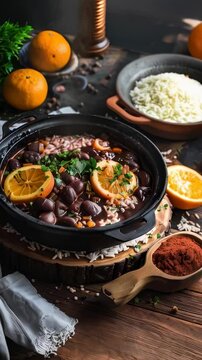 Authentic Brazilian feijoada, a traditional stew made with a variety of meats and beans, served in a cast-iron pot and accompanied by fragrant rice, refreshing oranges, and crunchy texture of farofa