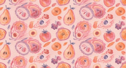 Watercolor whimsy halved fruits dance in a coral dream a fruity kaleidoscope of playful patterns