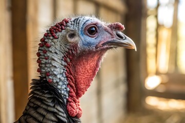 A detailed close-up portrait of a turkey's head, showcasing its distinctive features and vibrant colors.