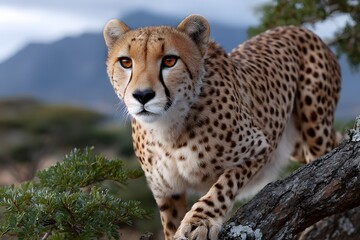 Alert cheetah perched on a lichen-covered branch, gazing intentl