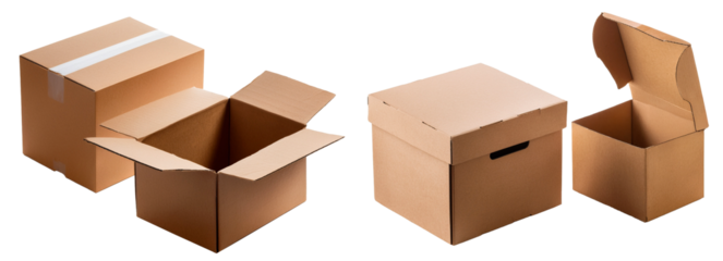 group of opened and sealed cardboard boxes isolated on white background