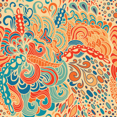 Colorful abstract seamless pattern. 60s hippie psychedelic art Seamless psychedelic pattern inspired by 1960s–70s hippie culture, floral forms, and wavy shapes in vintage yellow, orange, blue