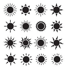 Sun icons. Sun vector icon set in black color isolated set. Set of 16 suns icon collection in black and yellow color. Solar summer icon isolated on white background. Flat design. Vector illustration. 