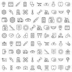 Healthcare and medical icon set. Containing doctor, medicine, health, nurse, patient, hospital, ambulance and more. Outline vector icons collection.