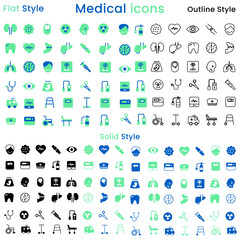 Healthcare and medical icon set. Containing doctor, medicine, health, nurse, patient, hospital, ambulance and more. Outline vector icons collection.