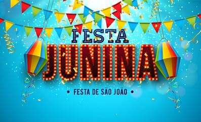 Festa Junina Banner Illustration with Party Flags, Paper Lantern and Light Bulb Billboard Letter on Blue Falling Confetti Background. Vector Brazil June Sao Joao Festival Design Template for Post Card