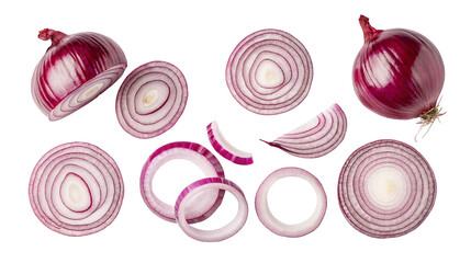 A top down view of sliced and whole red onions on a black background for cooking and food preparation