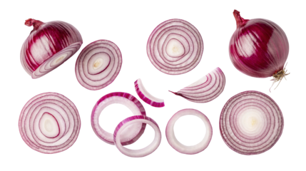 A top down view of sliced and whole red onions on a black background for cooking and food preparation