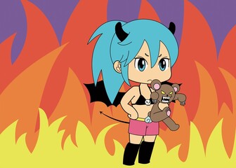 炎の中に立つ悪魔風の女の子・怖カワ系アニメ風キャラクターイラスト