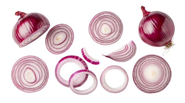 A top down view of sliced and whole red onions on a black background for cooking and food preparation