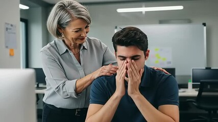 A supportive mentor comforts a distressed young professional in a modern office setting