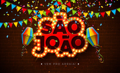 Festa Junina Banner Illustration with Party Flags, Paper Lantern and Sao Joao Light Bulb Billboard Letter on Brick Wall Background. Vector Brazil June Festival Design Template for Post Card, Greeting