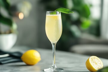 Sparkling cocktail garnished with a fresh leaf.