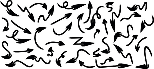 Hand-drawn black brush stroke arrow set with curved, zigzag, and twisted shapes on white background, ideal for infographics, highlights, annotations, and creative