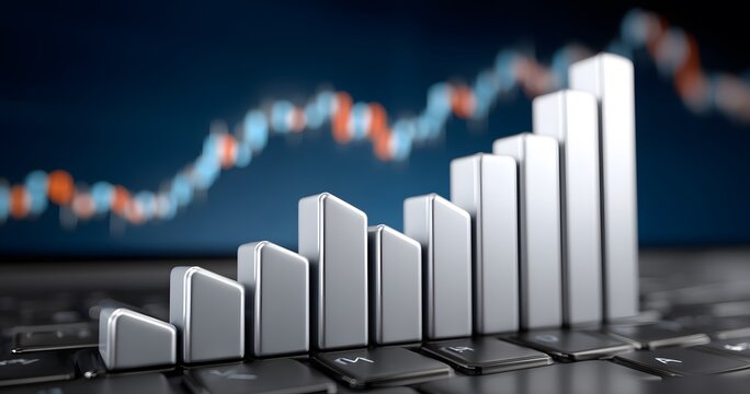 Ascending Metallic Bars on Laptop Keyboard Against Blurred Stock