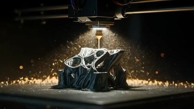 3D printer creating intricate black sculpture with metallic spray in a dimly lit workshop