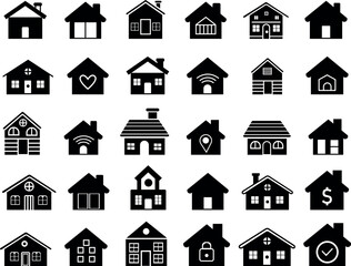 Fototapeta premium Solid black real estate and architecture icon set showing a wide range of home designs including traditional, modern, and conceptual housing for property marketing and development