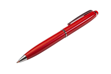 A single red pen with silver accents isolated against a stark black background in a studio shot