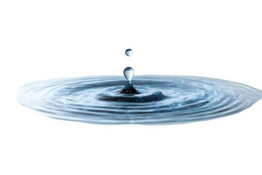Stunning blue water droplet impacting still surface creating concentric ripples abstract background image high resolution on transparent background