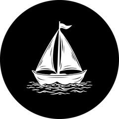 Minimalist sailboat illustration on a circular black background evoking maritime tranquility