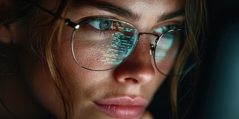 Focused female programmer stares at computer screen, her glasses reflecting code, working late in a dim office, symbolizing dedication and tech expertise.