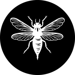 Stylized silhouette of a bee rendered in white against a black circular field