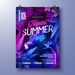 Summer Party Flyer Design Template with Glowing Neon Light on Fluorescent Tropic Leaves Background. Vector Summer Celebration Holiday Illustration for Banner, Flyer, Invitation or Celebration Poster.