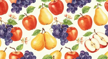 Watercolor fruits pattern Apples pears  grapes in a vibrant fresh arrangement