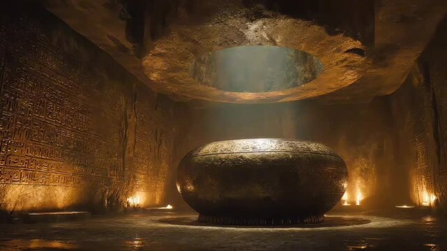Ancient light shines down into hidden Agartha chamber. Circular stone platform pulses with quiet Agartha energy. Mysterious Agartha architecture evokes power and silence.