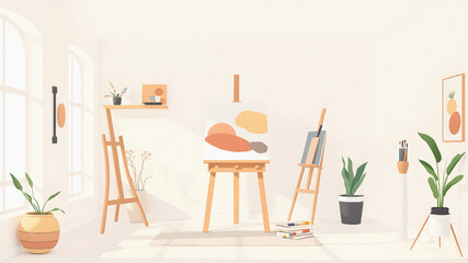 Flat minimalistic art studio interior, canvas, creative workspace, painting tools, soft color palette, modern artist concept.