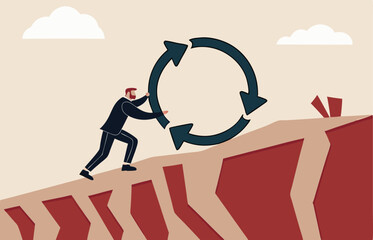 Entrepreneur pushing consistency circle symbol up hill with full effort. Consistency key to success, business strategy to repeatedly deliver work done, personal development or career growth.
