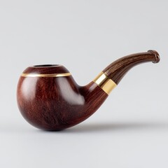 Classic wooden smoking pipe.  A smooth, rich-toned, dark reddish-brown wooden smoking pipe with a golden band around the bowl and stem