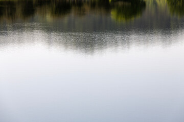 reflections of the tree and mountain on the calm lake