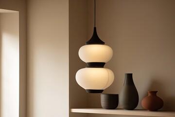 A pendant light fixture hangs above a shelf holding various pottery