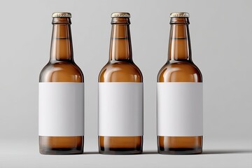 Three amber glass bottles, each with a blank white label