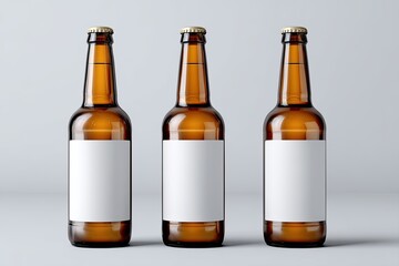 Three amber glass bottles, each with a blank white label, stand in a studio setting